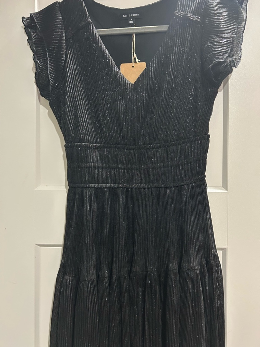 Blu Pepper Black Shimmer V-Neck Pleated Midi Dress